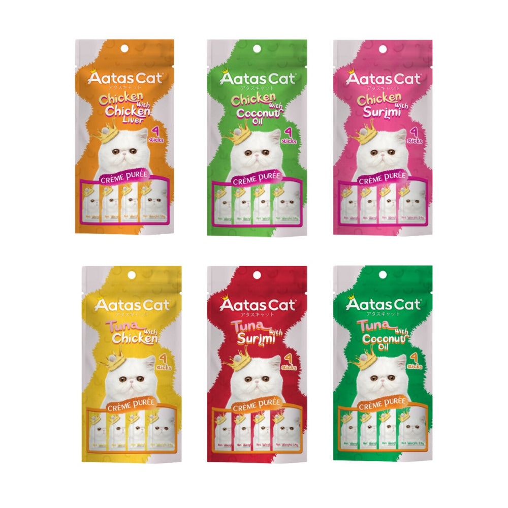 Aatas Cat Crème Purée Cat Treats 14gx4 Sachets Smooth Smooth Creamy Purée Cat Treats Tuna Chicken Surimi Coconut Oil