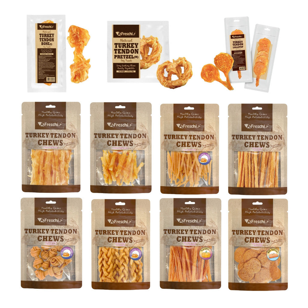 Afreschi Turkey Tendon Dog Chews Treats Bone Pretzel Lollipop Strip Coil Stick Thin Knotted Braided