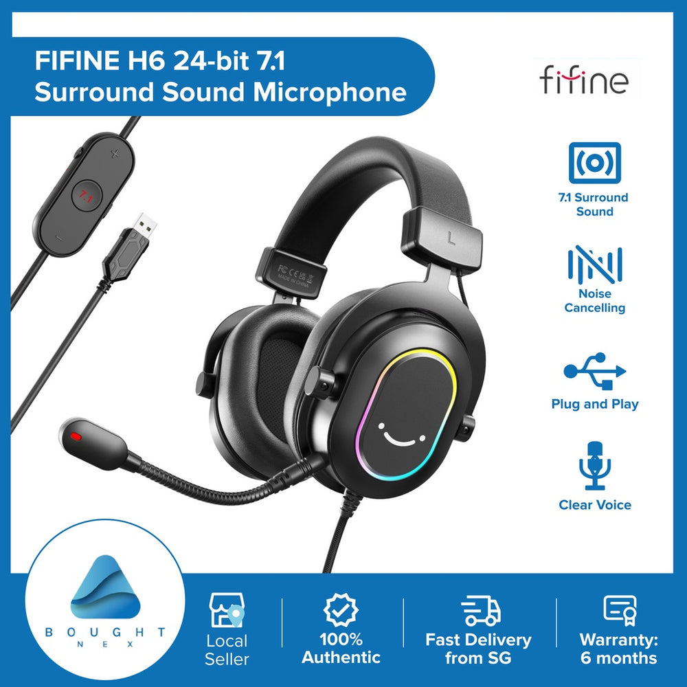 FIFINE H6 24-bit 7.1 Surround Sound USB Gaming Headset with 320g Weight, RGB, In-line Controls and Detachable Mic
